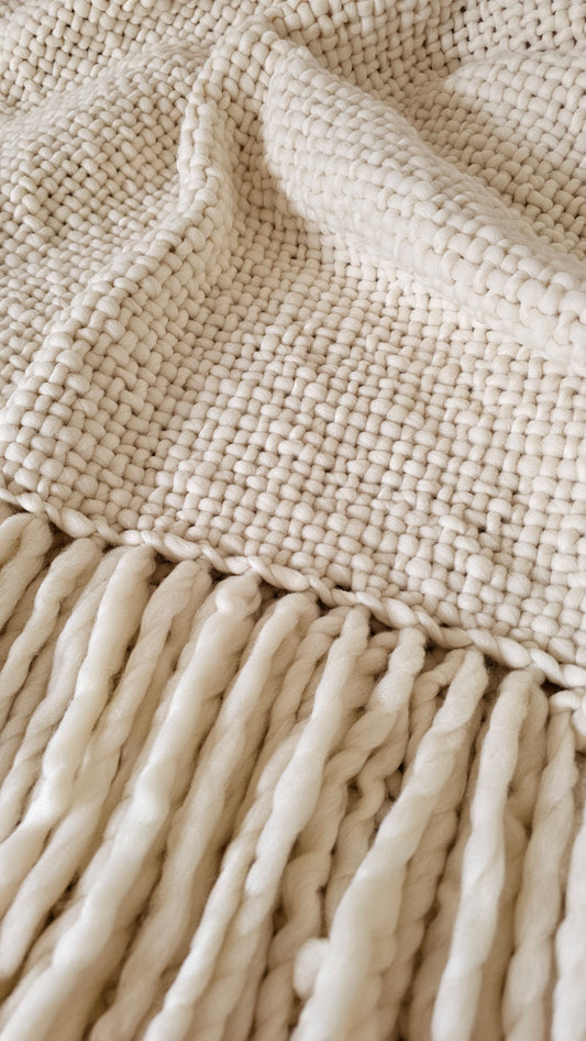 Detalle de manta de lana merino crudo natural tejida artesanalmente en telar